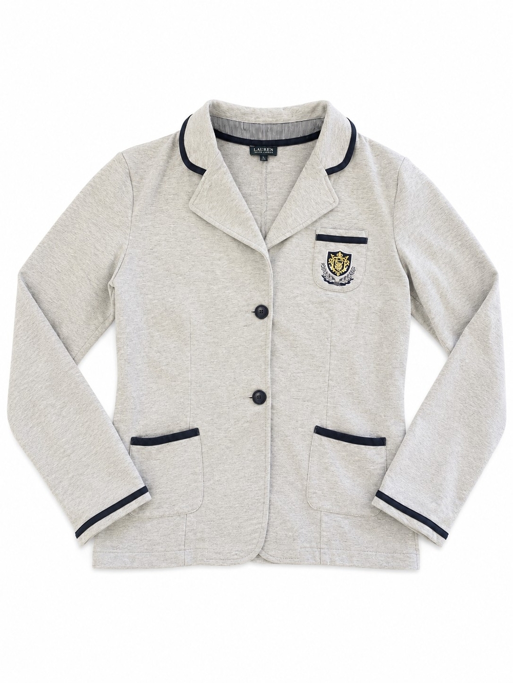Preppy Women's Cotton Light Gray Blazer with Navy Trim